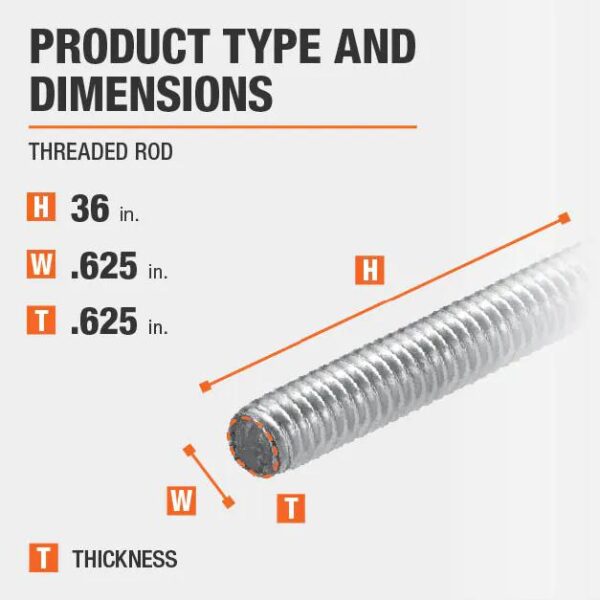 5/8" x 3' Threaded Rod, Zinc Plated - Image 2