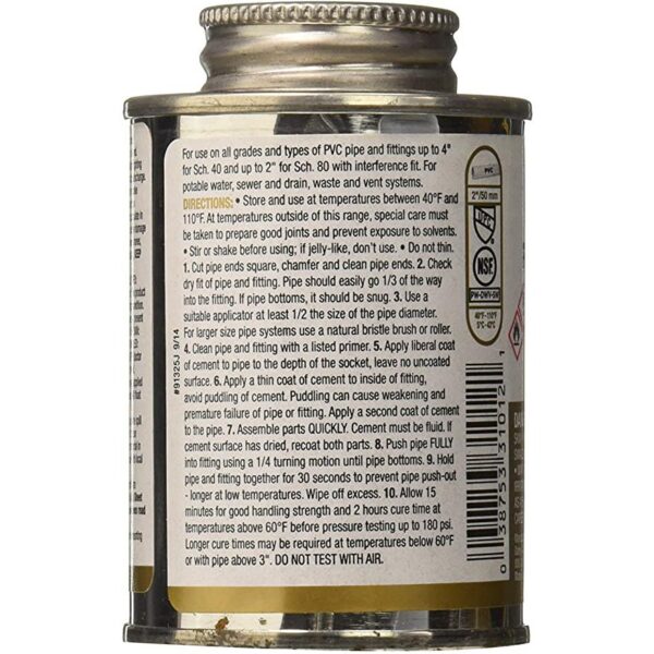 Premier 257500 PVC Regular Bodied Pipe Cement, 1/4 pint Can, Clear - Image 2