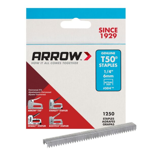 Arrow 50424 1/4" T50 Staples, 1250 Staples
