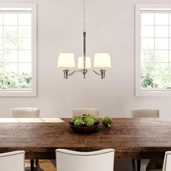 5-light Chandelier w/White Fabric Shades, Brushed Nickel - Image 3