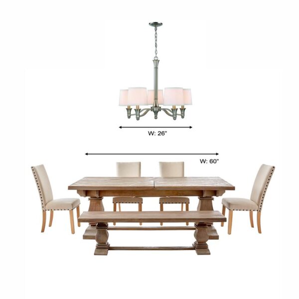 5-light Chandelier w/White Fabric Shades, Brushed Nickel - Image 2