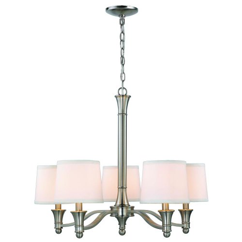 5-light Chandelier w/White Fabric Shades, Brushed Nickel