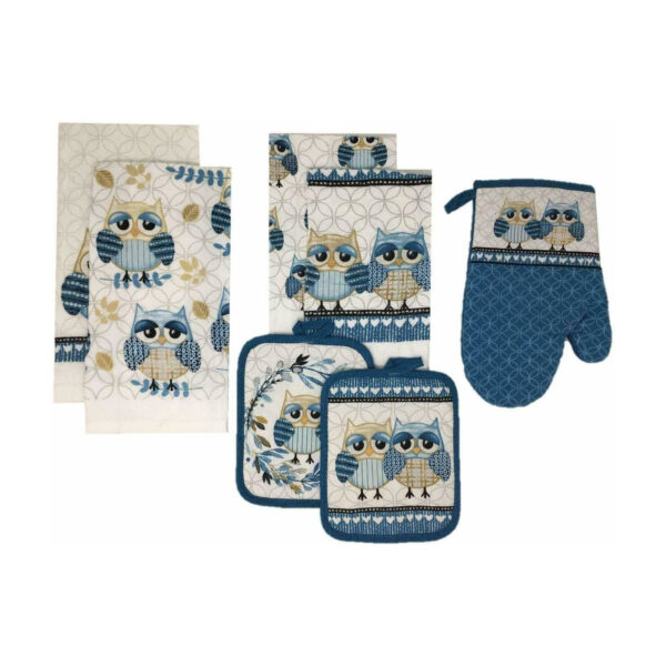 7-pcs Mainstays Hoot Owl Kitchen Towels, Blue & White